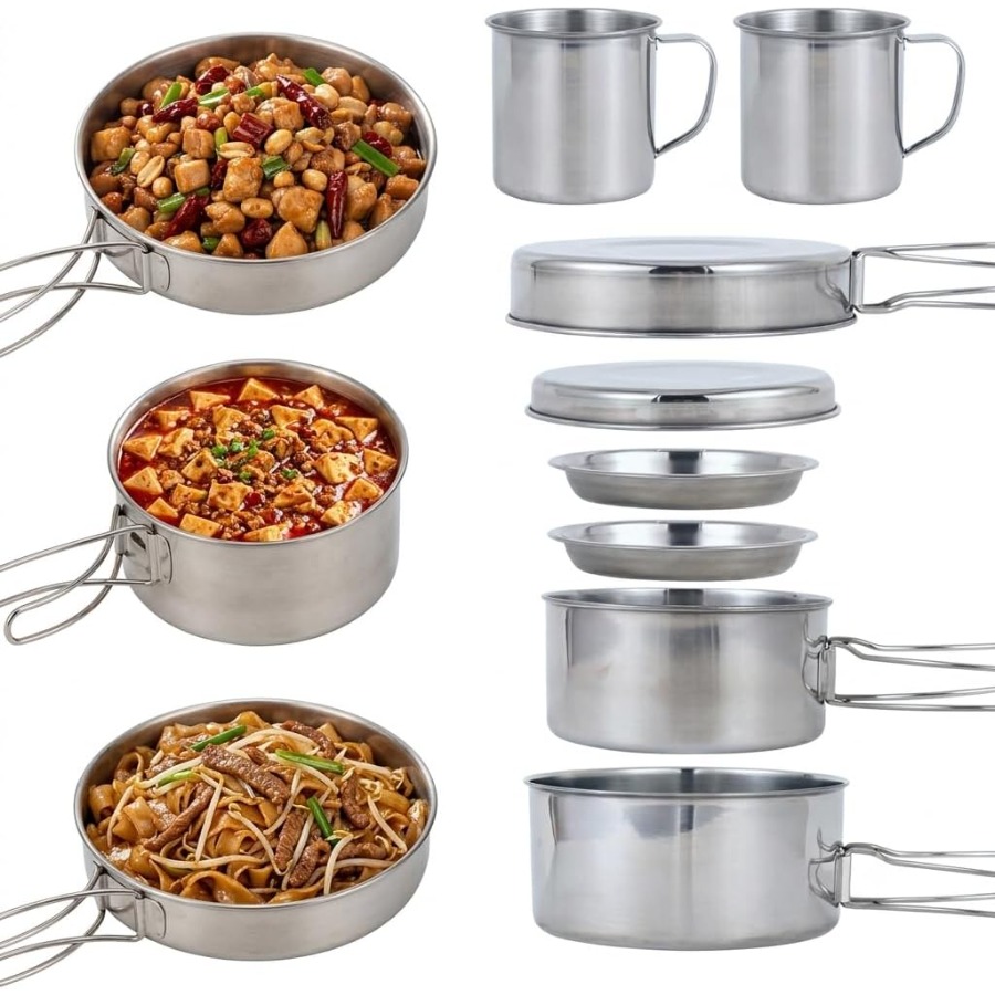 Camping Cooking Set With Kettle - Ensemble de 8 pièces de batterie